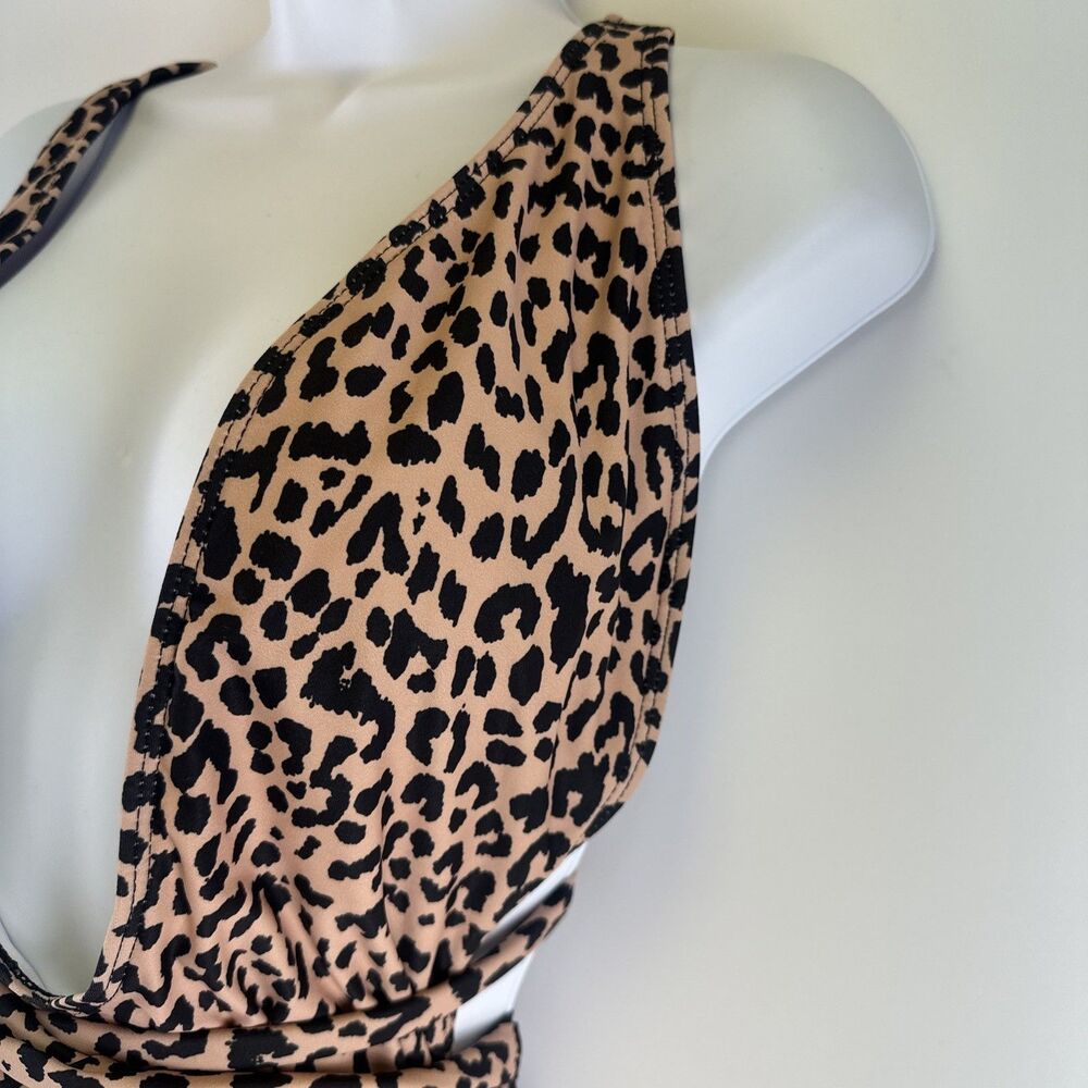 Bellanblue Swimsuit Plunging V Front Wrap Ties Leopard Print Peach Hi Cut Large - Picture 4 of 12